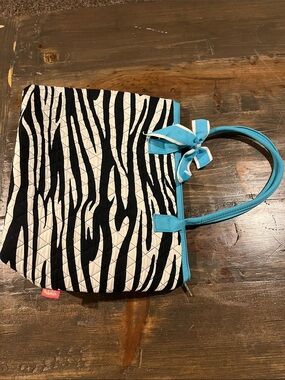 Zebra-Print Quilted Tote with Turquoise Trim